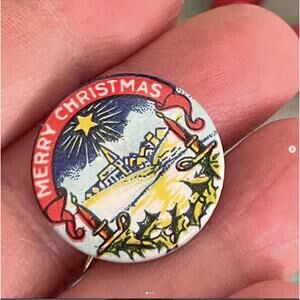 Vintage Merry Christmas Metal Tin Pinback Button Church Star Judson Press USA